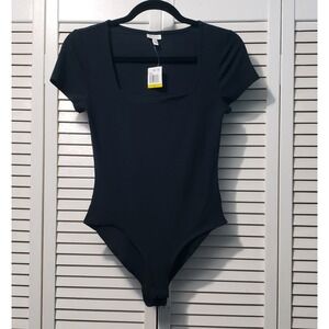 Self Esteem Ribbed Bodysuit Junior's Size Medium Black Short Sleeve Square Neck